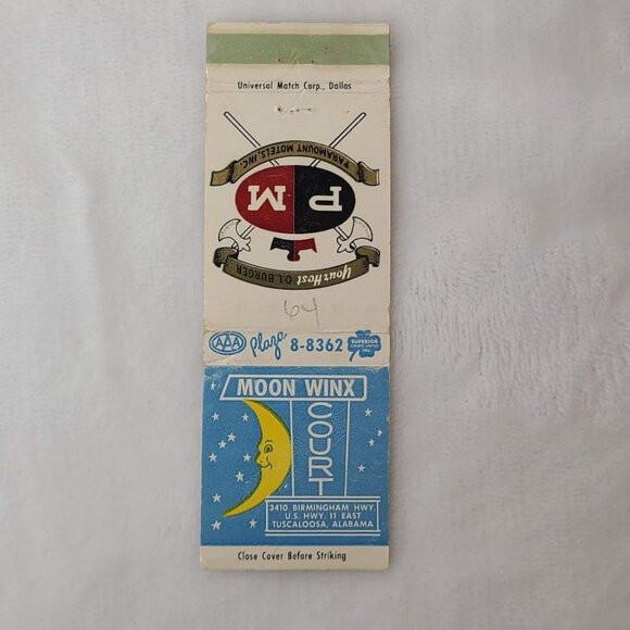Vintage Matchbook Cover Moon Winx Court Tuscaloosa AL Alabama - Picture 4 of 5